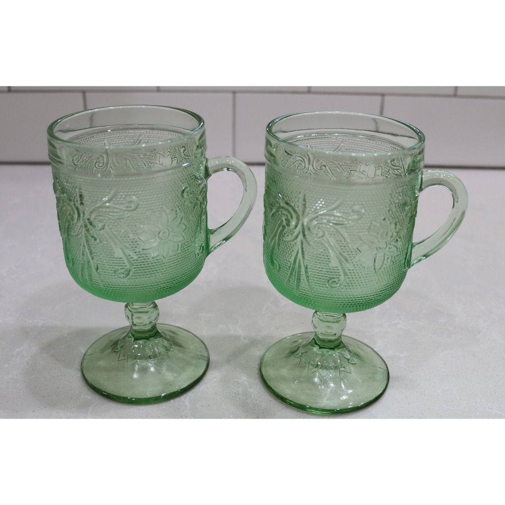 Tiara Exclusives Chantilly Green Tall Mugs Vintage Footed Pressed Glass Set of 2